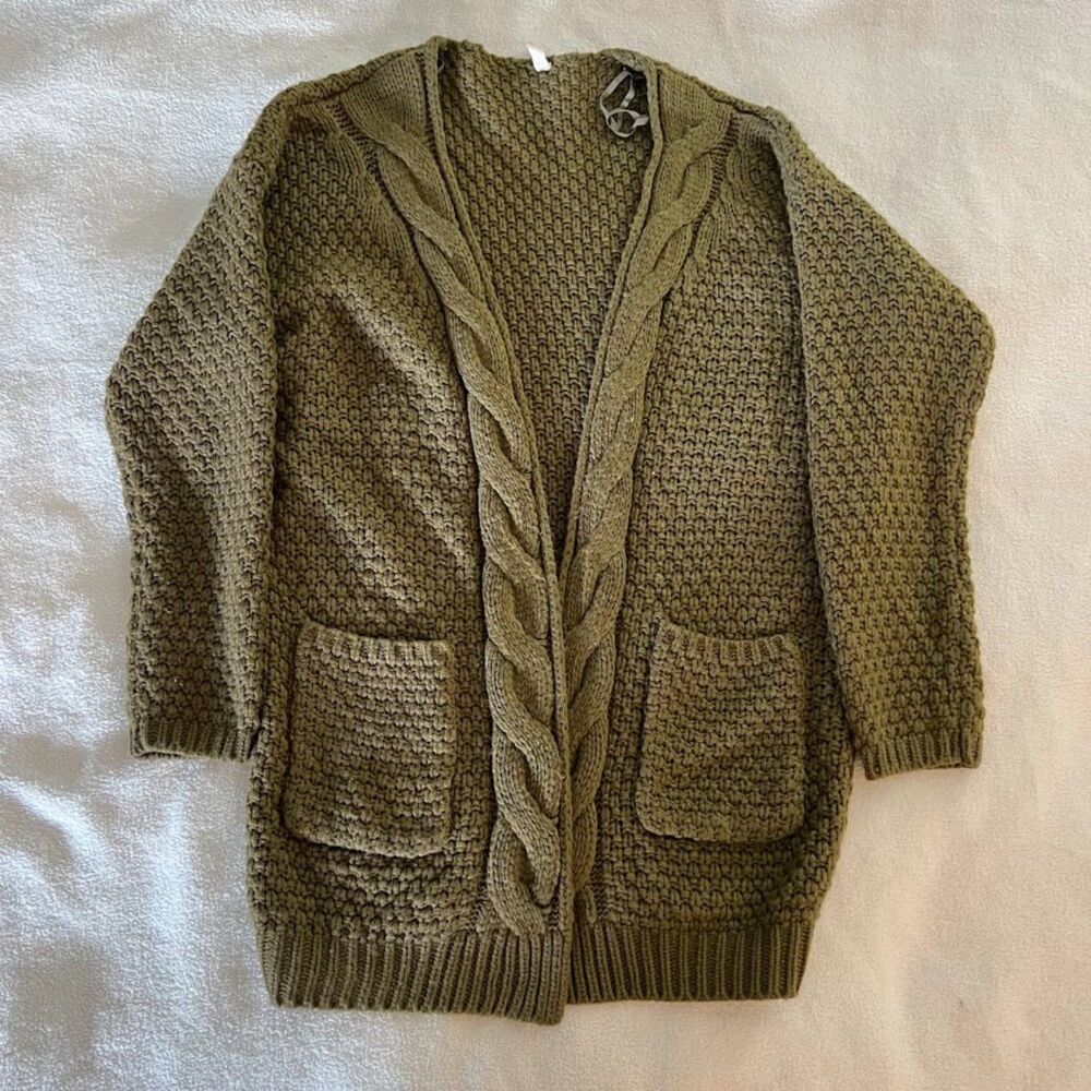 Wishlist Cardigan Green-Brown Chunky Knit Cable Wool Blend, Size Small